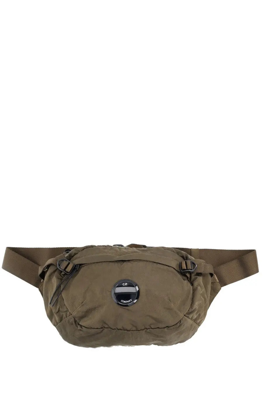 Olive green quilted nylon waist bag with circular black logo patch c.p. company men’s pouch