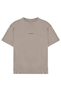 Beige short-sleeved crew neck t-shirt with subtle black c.p. logo from c.p. company mens shirt beige collection