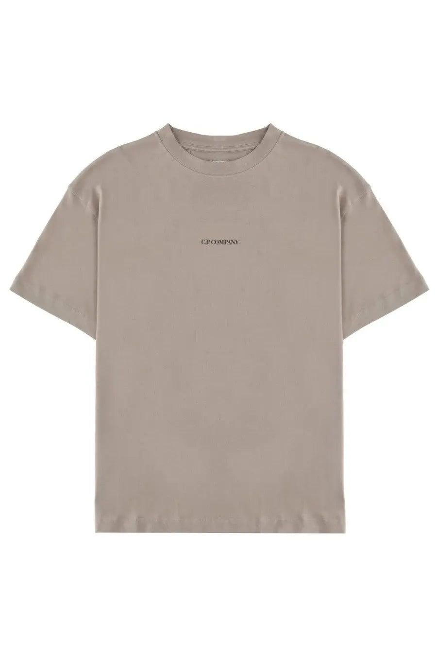 Beige short-sleeved crew neck cotton t-shirt with subtle black c.p. logo by C.P. Company men’s shirt