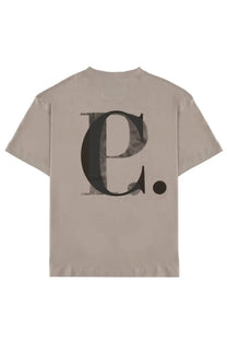 C.p. company men’s beige short-sleeved t-shirt with large black textured distressed c graphic on front