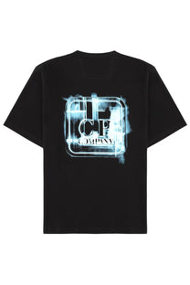 C.p. company men’s black short-sleeved t-shirt with a glowing blue and white distressed logo on front