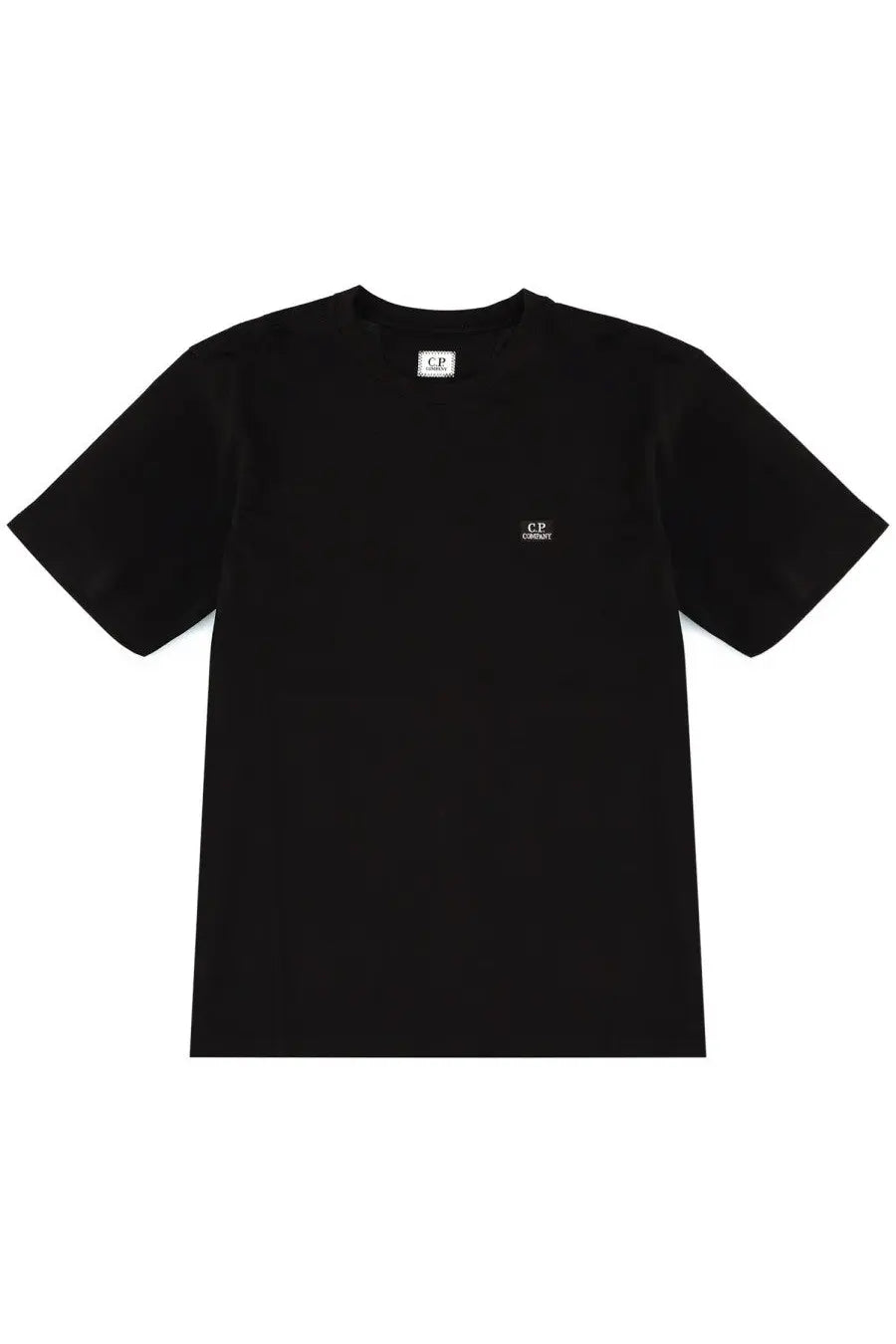 C.P. Company men’s black short-sleeved t-shirt with subtle white embroidered logo on chest and small neckline tag