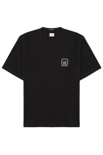 C.P. Company men’s black short-sleeved t-shirt with small white logos on left chest and collar minimalist branding