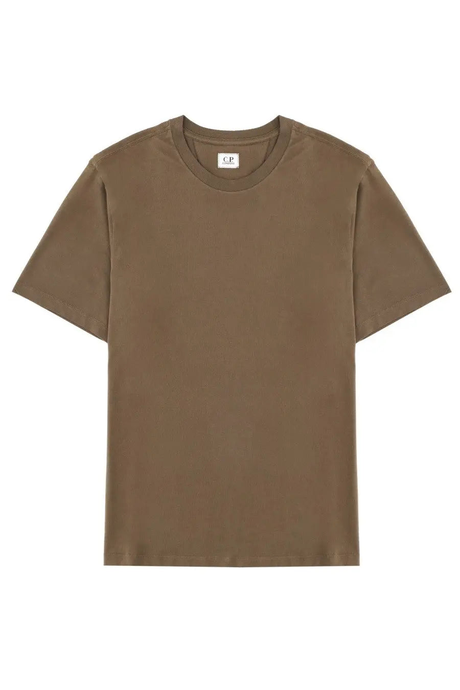 C.P. Company men’s olive green cotton t-shirt with classic crew neck short sleeves and brand label at collar