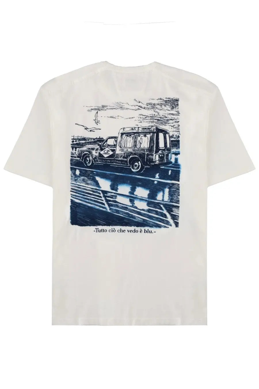 Off-white cotton C.P. Company men’s t-shirt showing back with blue ink ice cream truck sketch and Italian text below