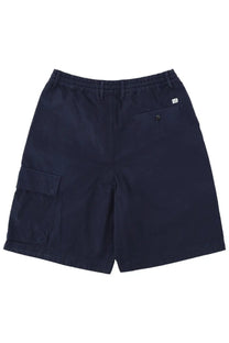 Dark navy c.p. company men’s cargo shorts with elastic waistband and branded patch on the back pocket view