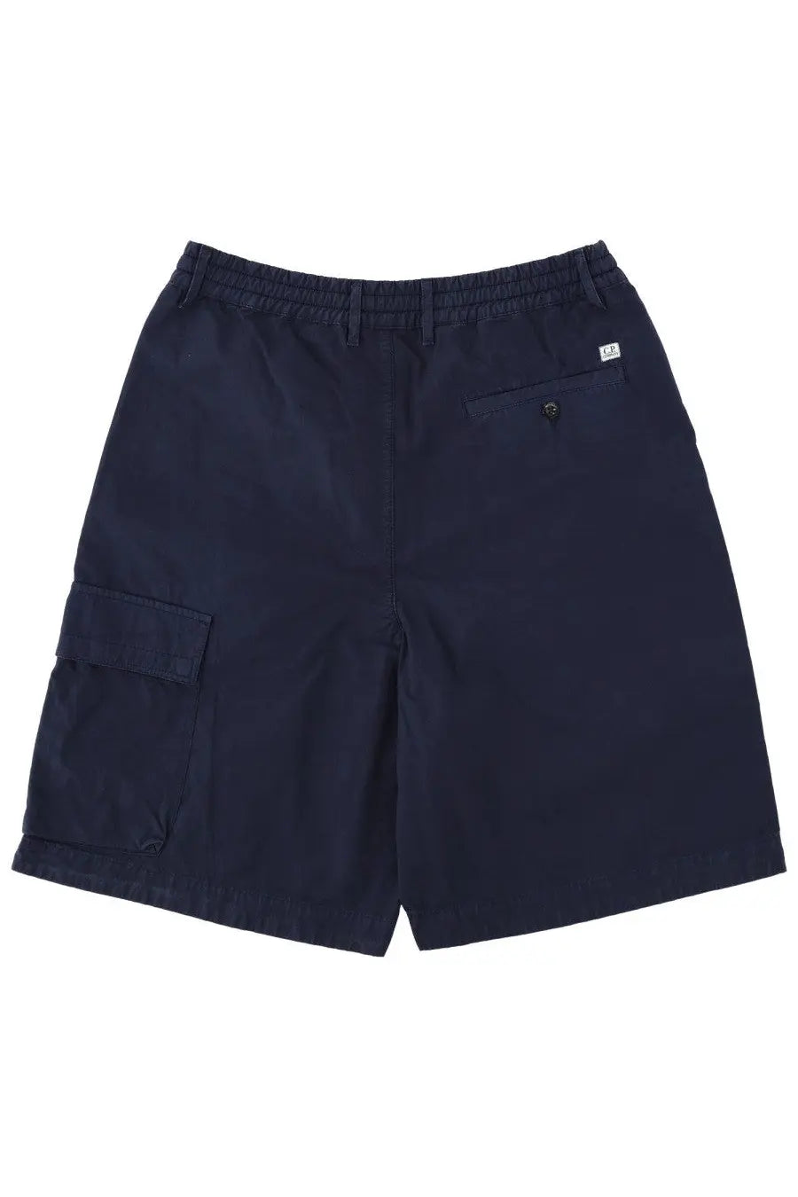 Back view of c.p. company men’s dark navy cargo shorts with elastic waistband and branded patch on the pocket