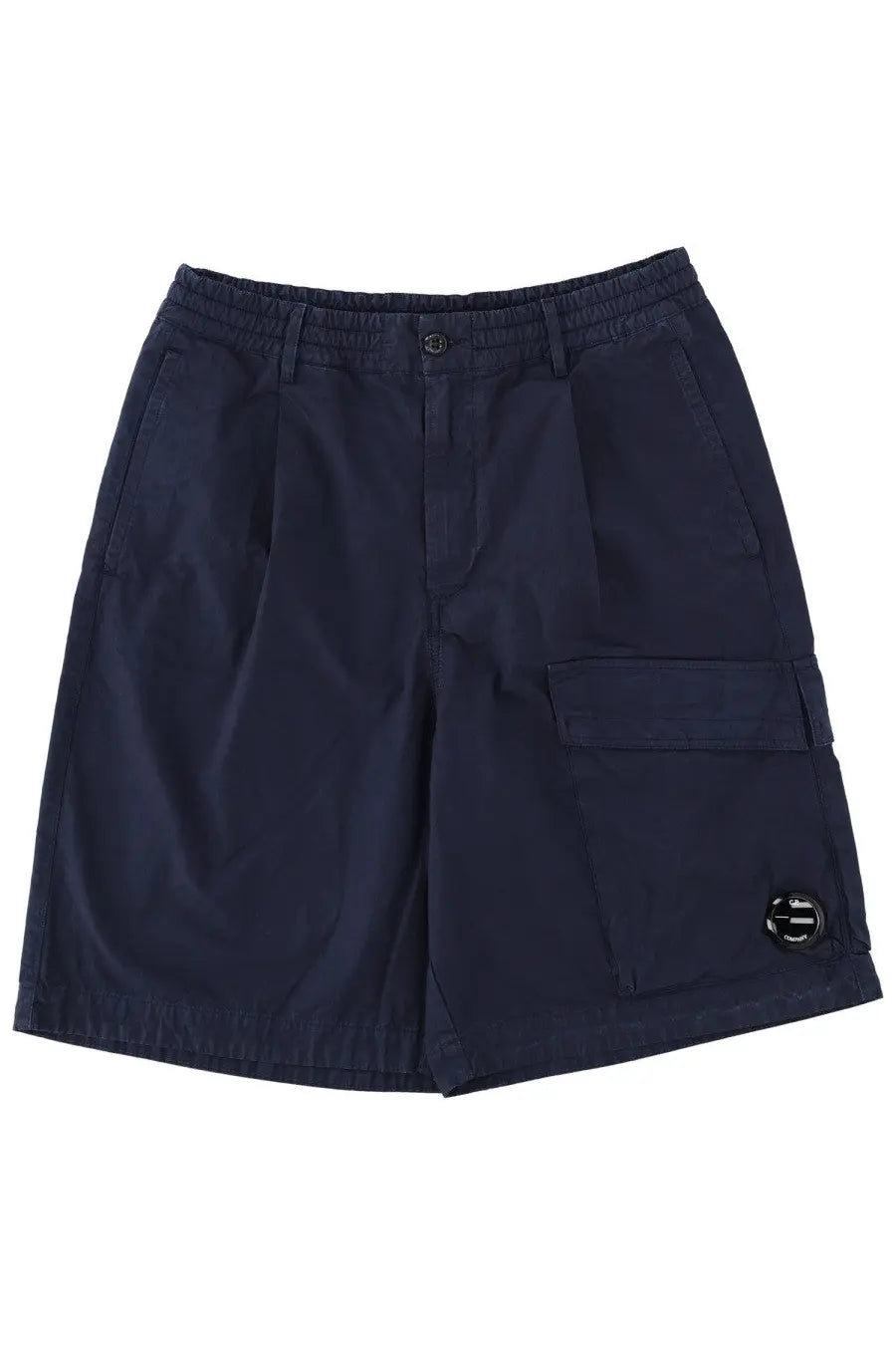 Dark navy cargo shorts with drawstring waistband and circular logo patch on lower right leg by c.p. company