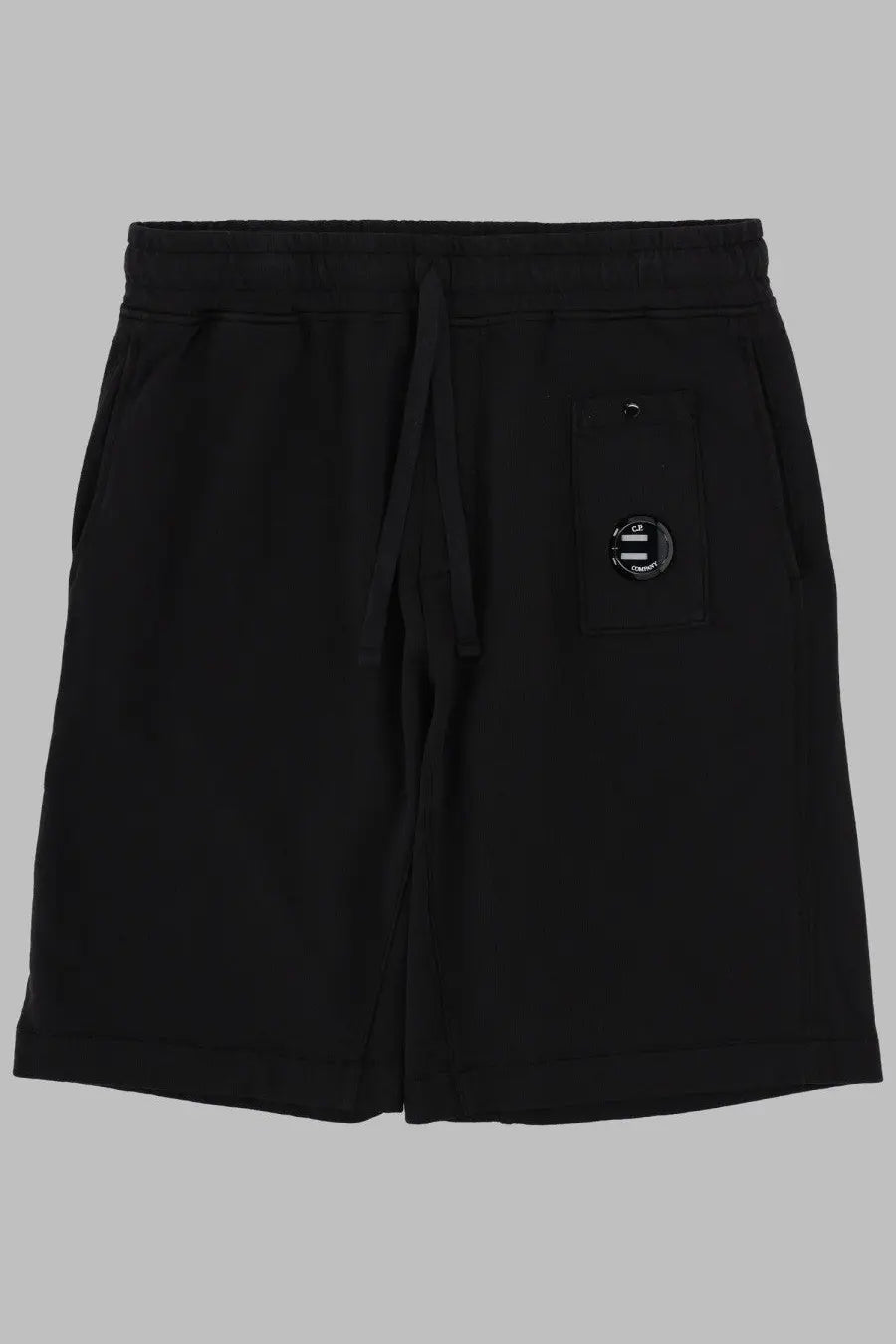 C.P. Company men’s black cotton shorts with drawstring waistband and circular logo patch on front pocket