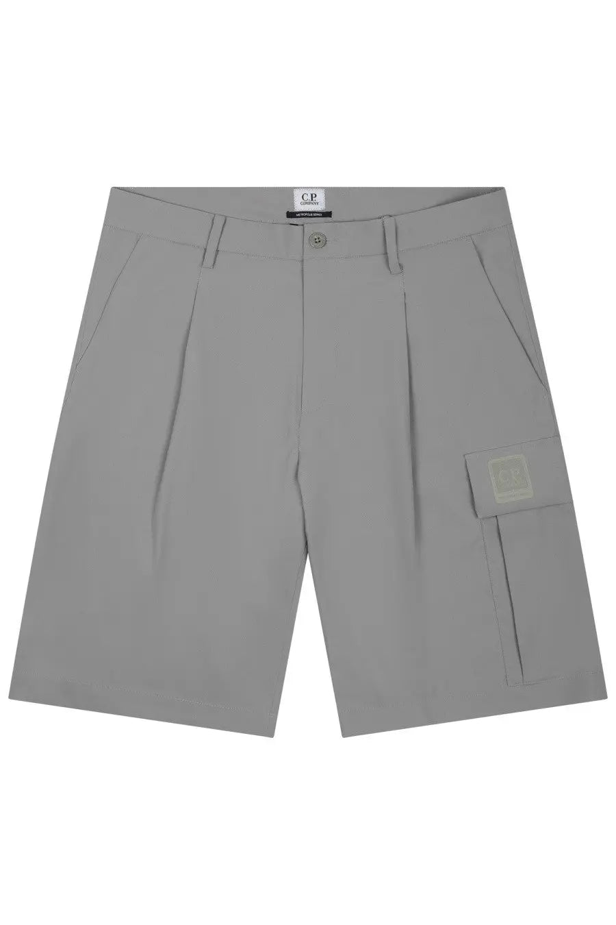 C.P. Company men’s gray pleated cargo shorts with subtle textured fabric and branded patch on side pocket