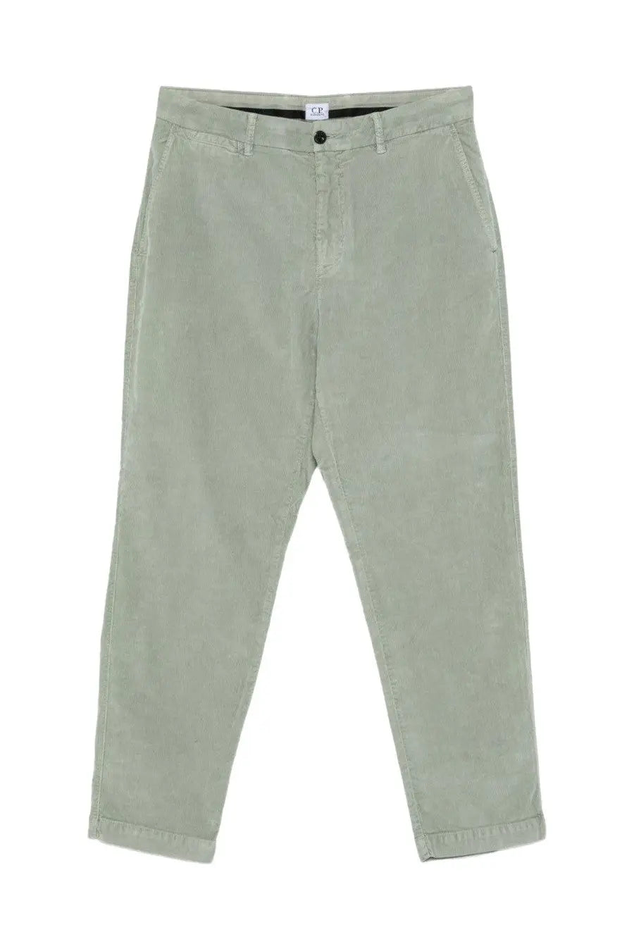 C.p. company men’s green velvet chino pants in light green corduroy with classic straight-leg cut and button closure