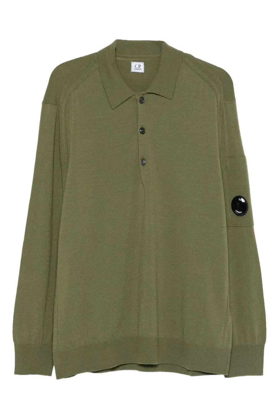 Olive green men’s wool polo shirt by C.P. Company with long sleeves black buttons and logo patch on left sleeve