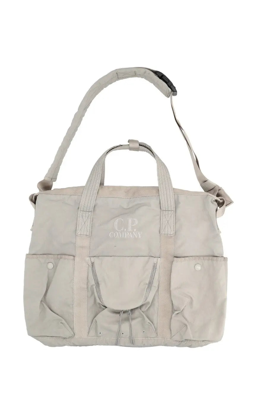 Beige c.p. company unisex borsa tote bag in twill fabric featuring a subtle logo patch on the front