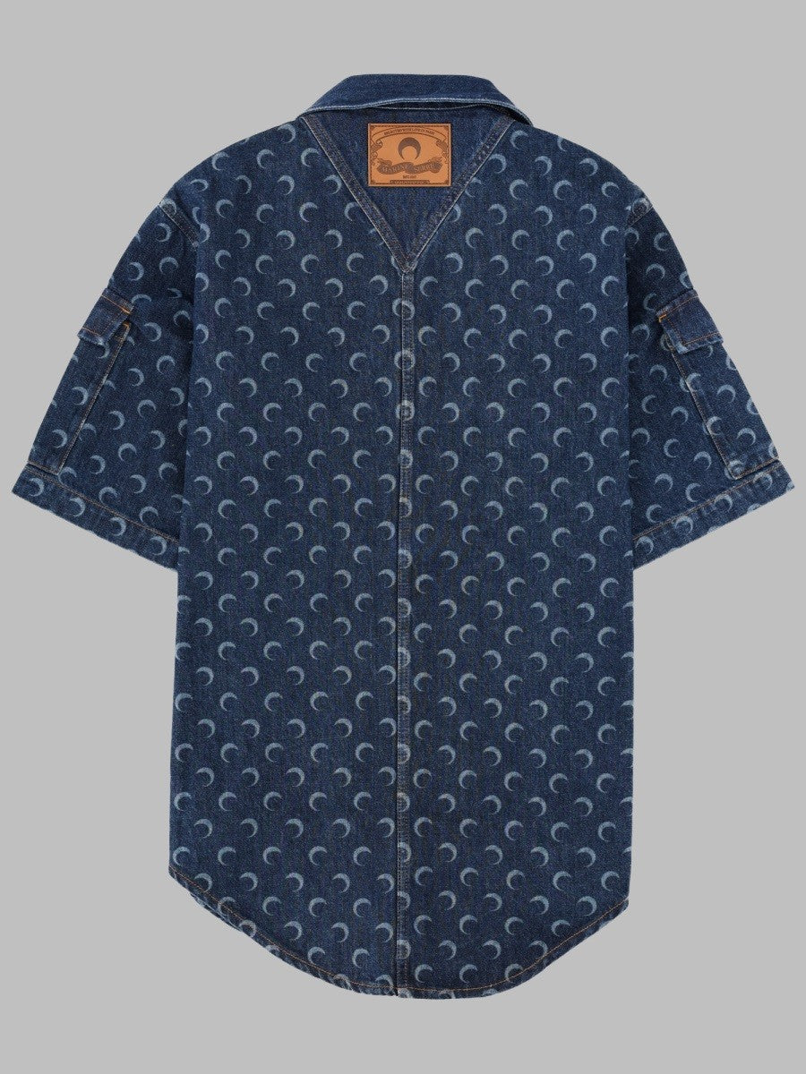Marine Serre Men's Camicia in Denim Con Stampa All over Blue