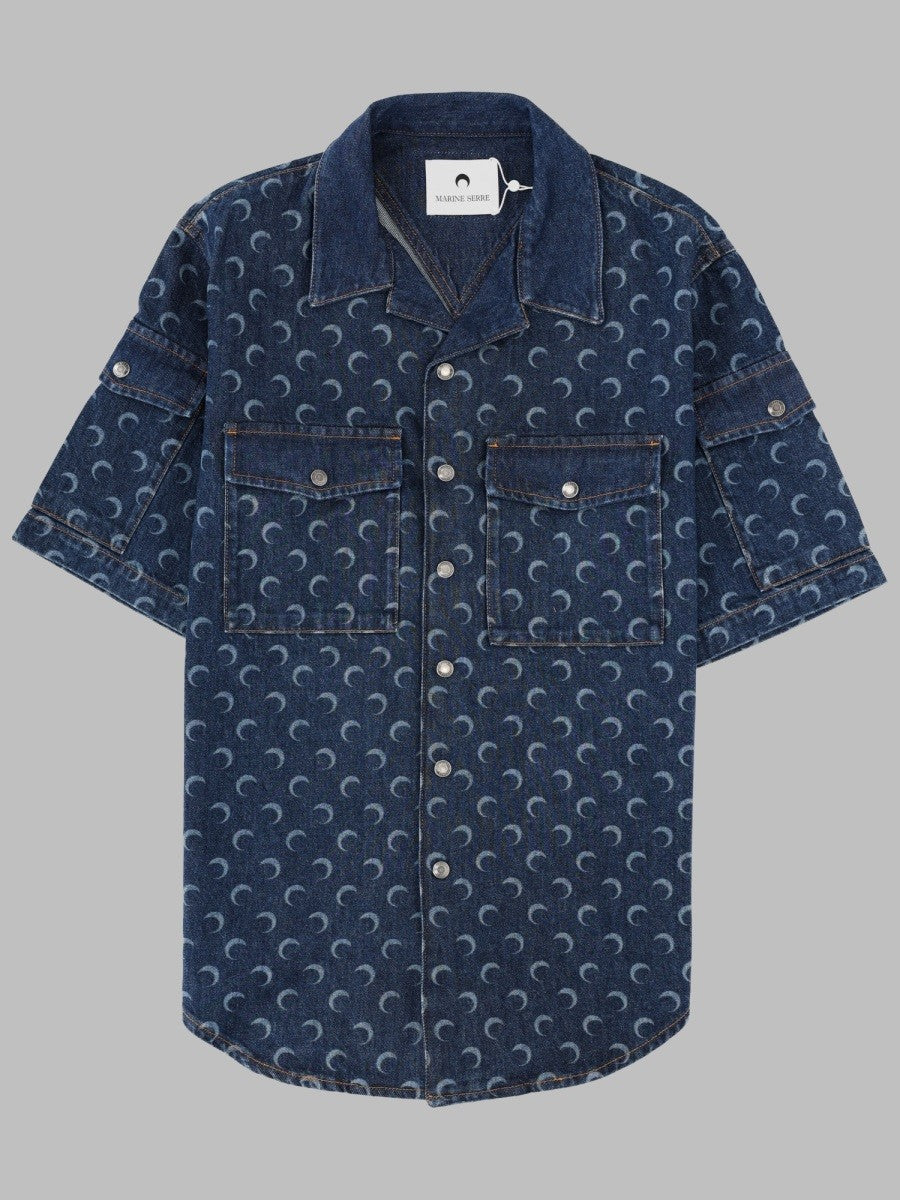 Marine Serre Men's Camicia in Denim Con Stampa All over Blue