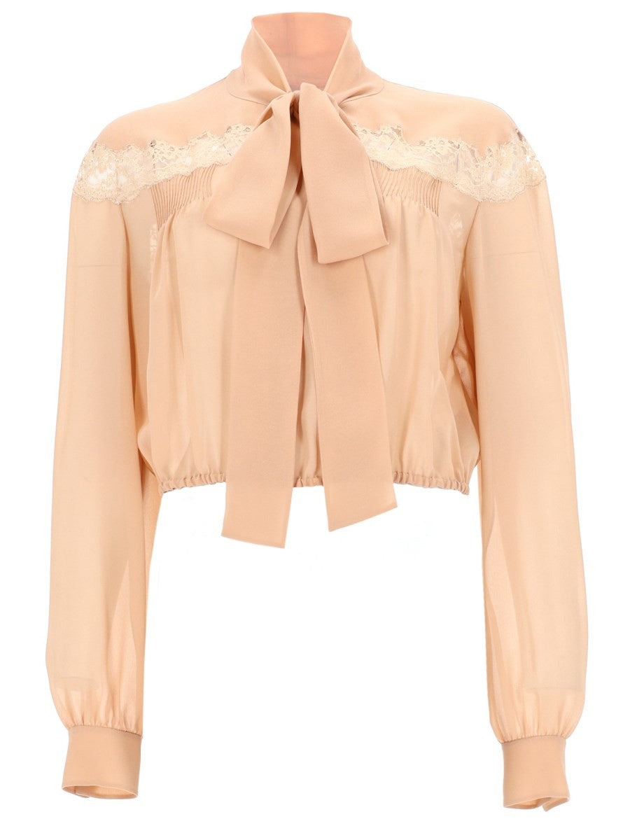 Saint Laurent Women's Camicia Lavallière in Georgette DI Seta Pizzo Beige