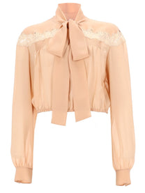 Saint Laurent Women's Camicia Lavallière in Georgette DI Seta Pizzo Beige