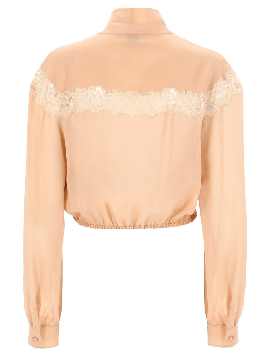 Saint Laurent Women's Camicia Lavallière in Georgette DI Seta Pizzo Beige