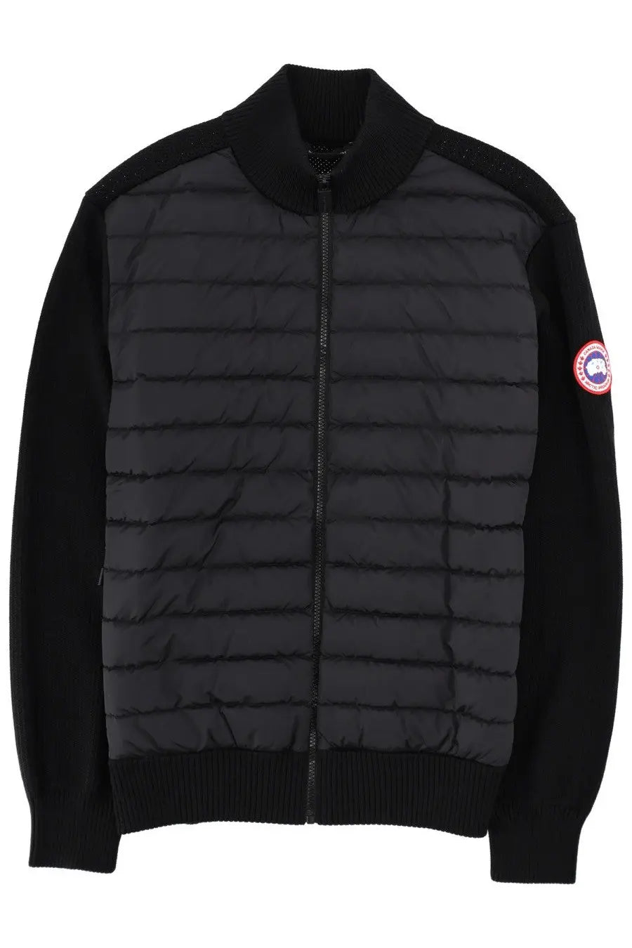 Canada Goose men’s giacca in maglia hybridge black quilted bomber jacket with ribbed collar cuffs and dark gray central panel