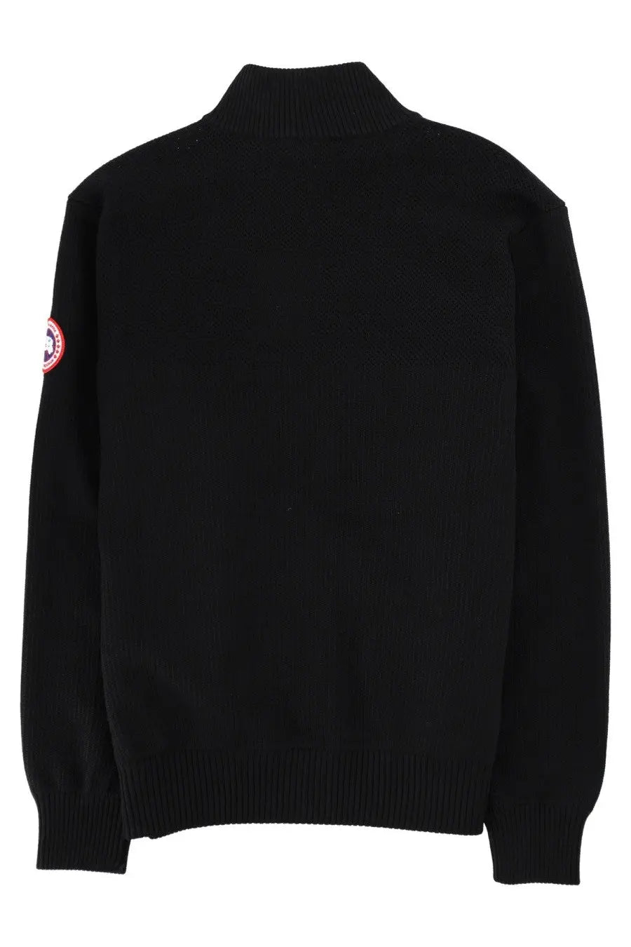 Canada Goose men’s giacca in maglia hybridge black black turtleneck sweater with red and white logo patch on left sleeve