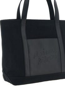 Maison Kitsuné Canvas and Large Leather Shopping Bag Black