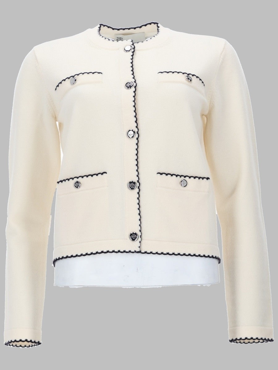 Tory Burch Women's Cardigan Kendra in Lana Con Bordi Smerlati White