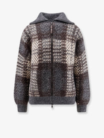 Brunello Cucinelli Women's Double Dazzling Tartan Cardigan Grey