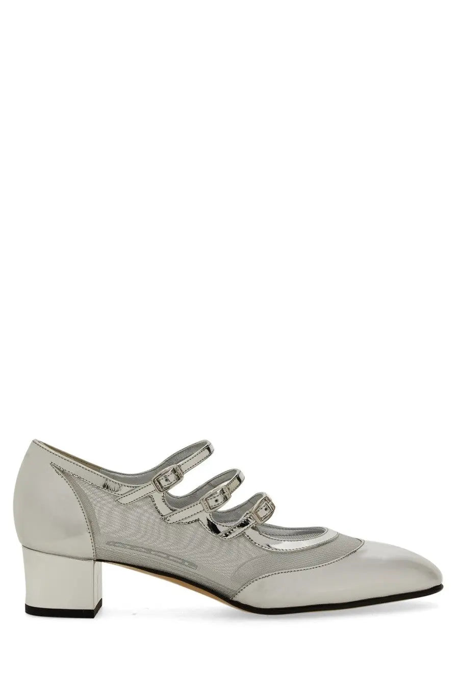 Carel Paris women’s silver patent leather mary jane pump with mesh panel and three adjustable straps