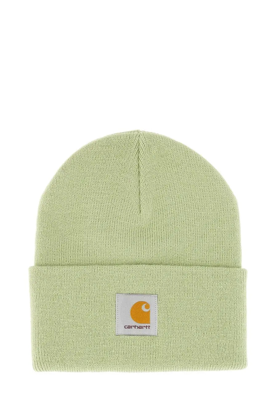 Light green knitted acrylic beanie with folded cuff and white patch featuring orange carhartt logo for men