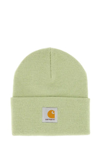 Light green knitted acrylic beanie with folded cuff and white patch featuring orange carhartt logo for men