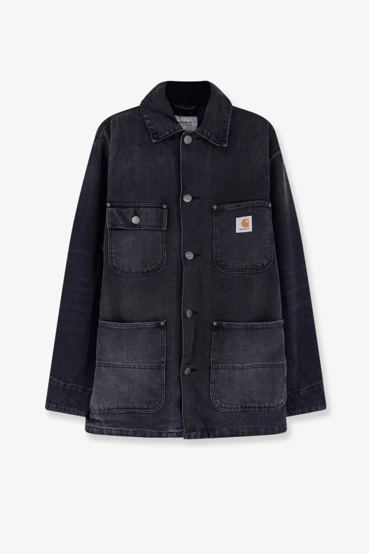 Carhartt Wip men’s Aden black denim jacket with black Carhartt work jacket design featuring four pockets and classic collar