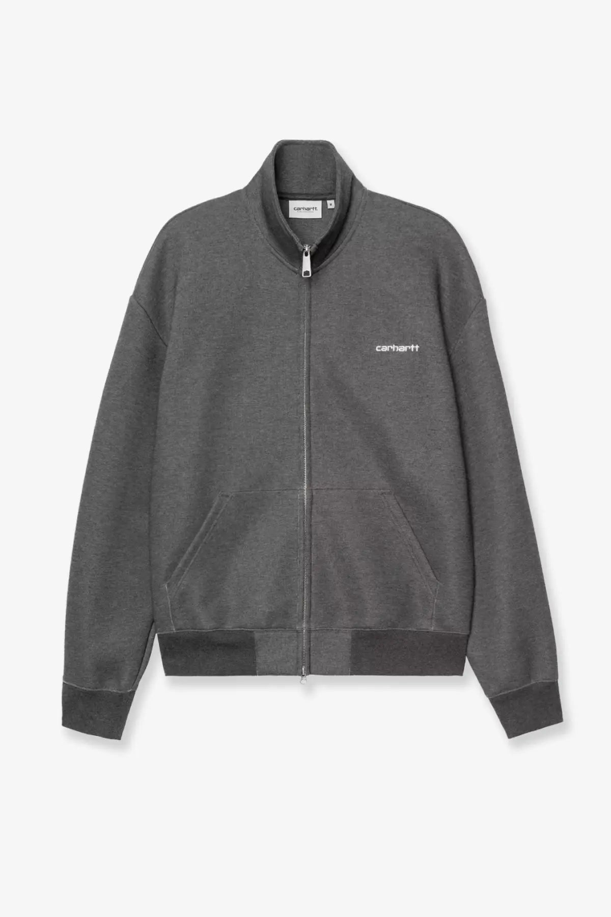 Gray carhartt zip-up jacket with subtle heathered texture and white embroidered branding on the chest