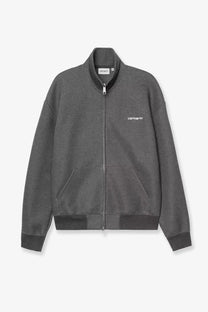 Gray carhartt zip-up jacket with subtle heathered texture and white embroidered branding on the chest