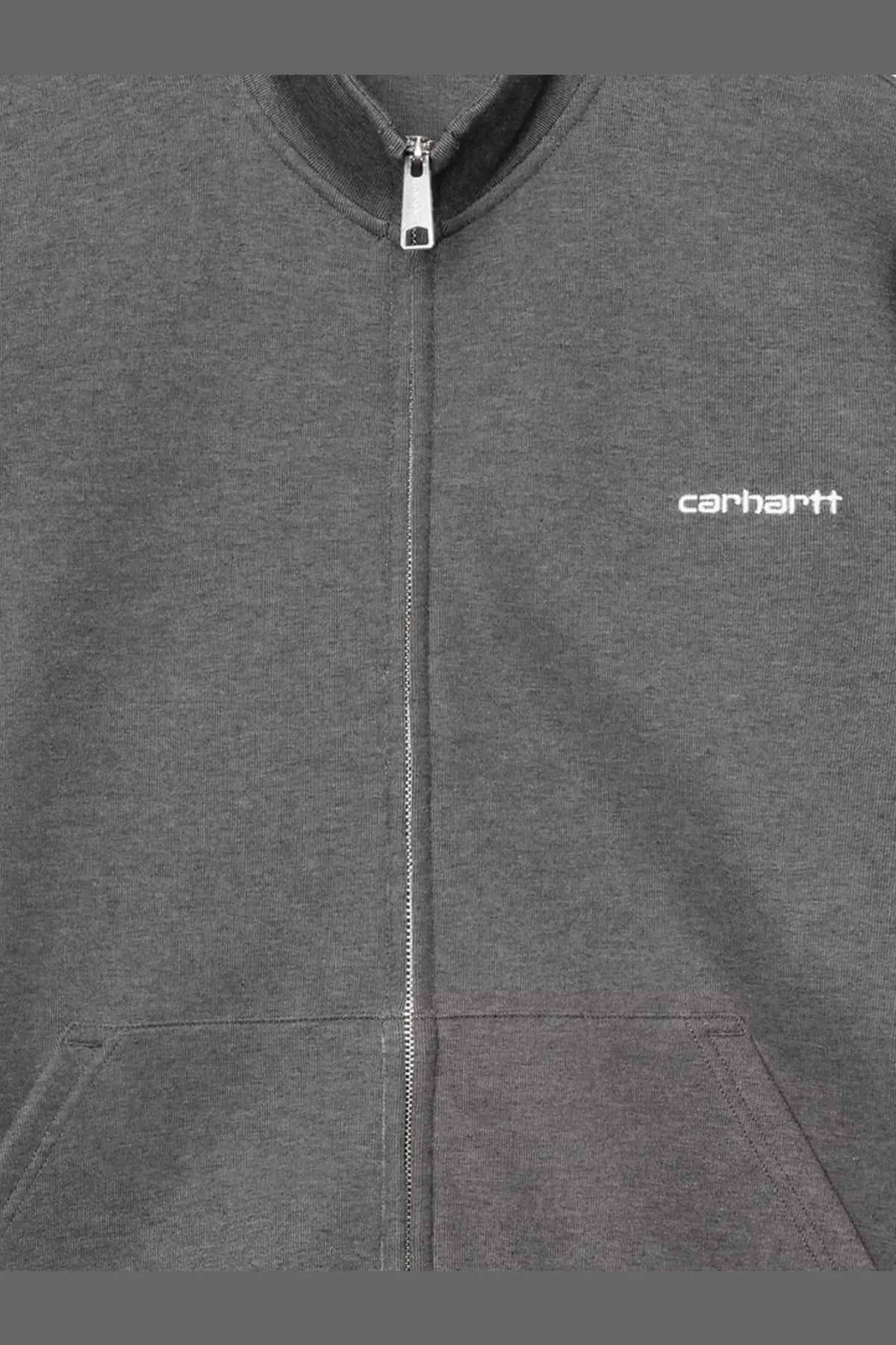 Gray carhartt zip-up hoodie with white embroidered logo and silver zipper in cotton blend for men by Carhartt Wip