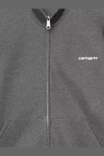 Gray carhartt zip-up hoodie with white embroidered logo and silver zipper in cotton blend for men by Carhartt Wip