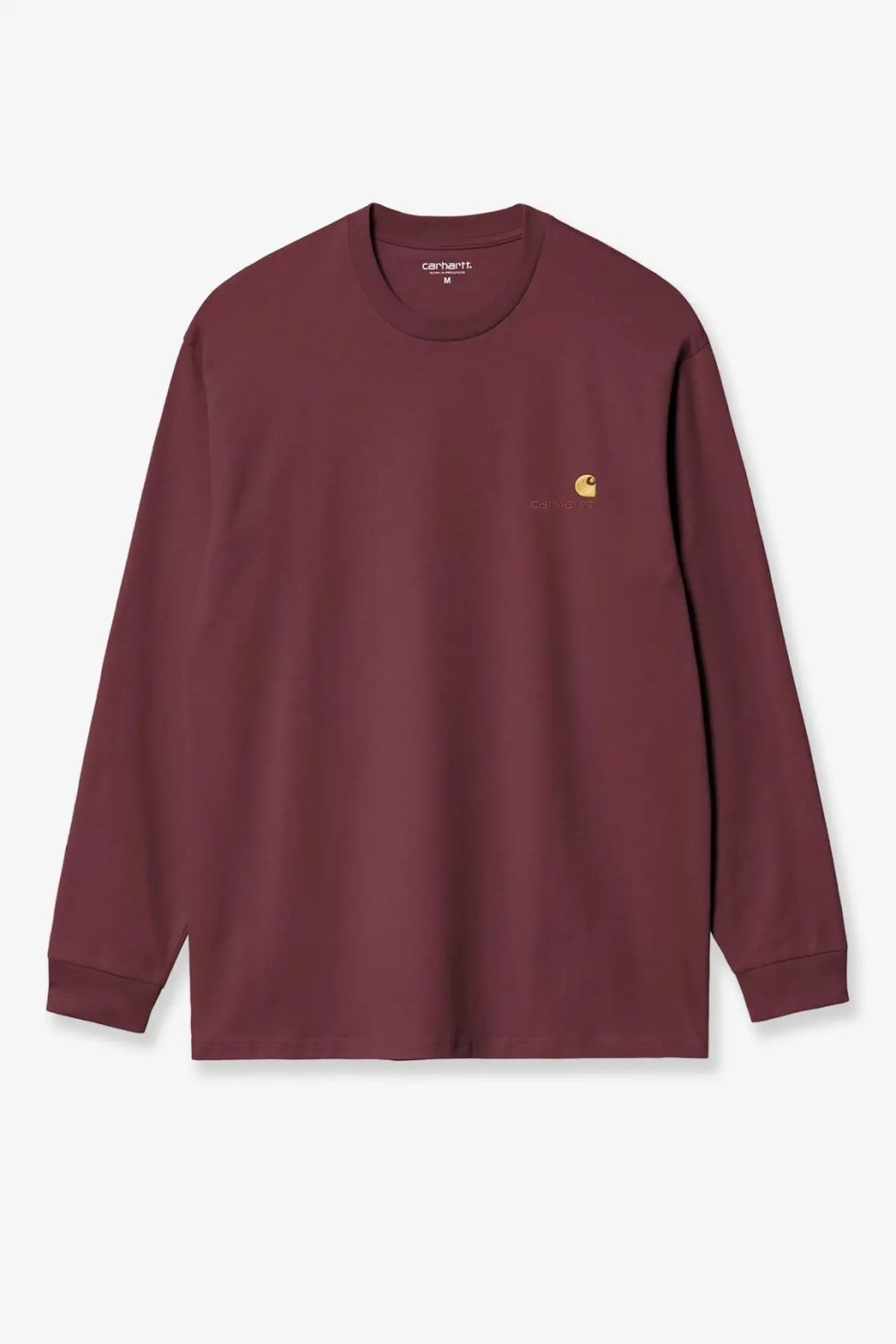 Maroon carhartt wip men’s long-sleeve organic cotton crew neck shirt with small gold logo on left chest