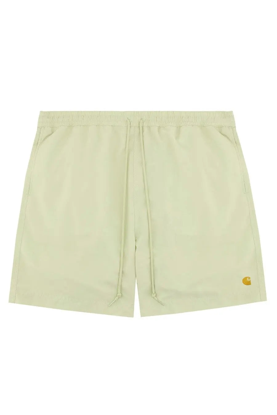 Light green carhartt wip men’s boxer swimsuit with drawstring and yellow logo on lower right leg for swimming