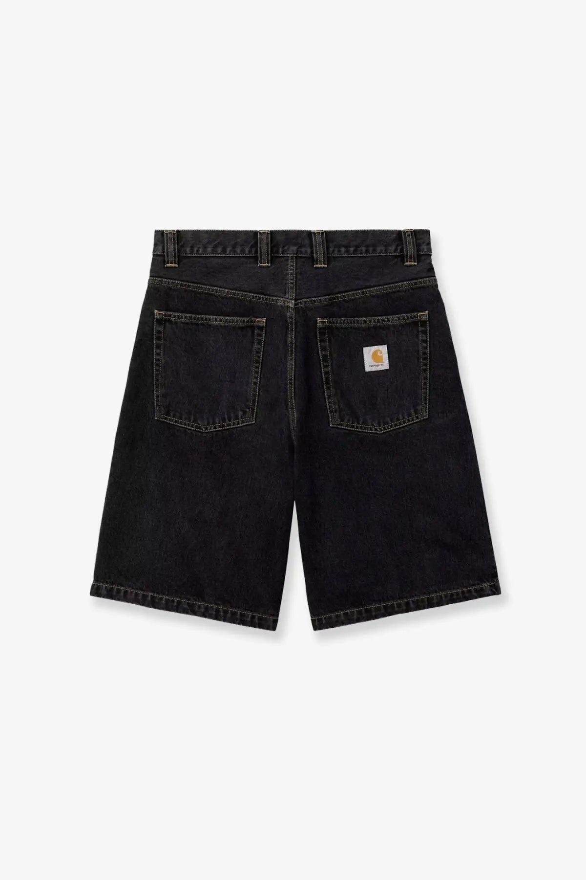 Black carhartt wip men’s brandon bermuda shorts in denim with classic back pocket design and contrasting stitching view of back