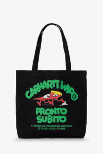 Black Carhartt Wip men’s canvas tote bag with vibrant green graphic of red cartoon car and pronto subito text