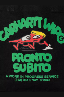 Black Carhartt Wip men’s canvas tote bag with vibrant green pronto subito logo and red cartoon character with yellow hair