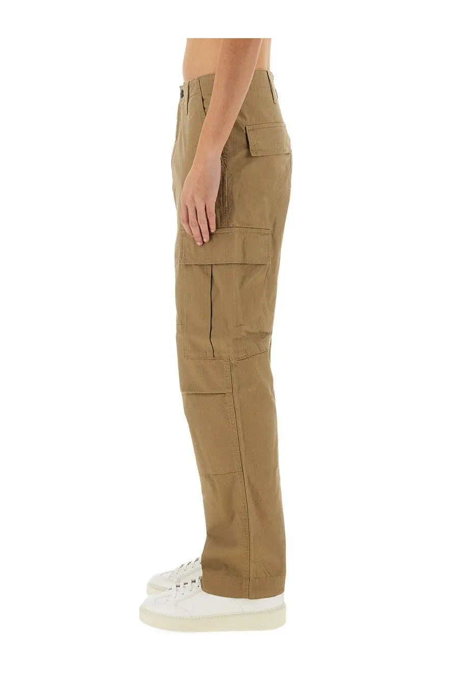 Carhartt Wip men’s beige cargo pants with multiple pockets and a straight-leg cut in durable material