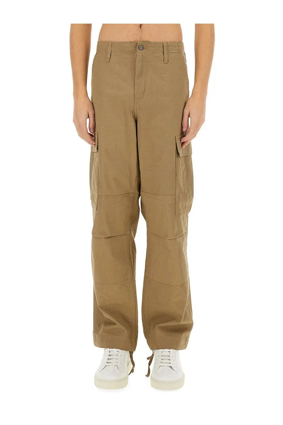 Carhartt wip men’s beige cargo pants with multiple pockets and button closure made from durable material