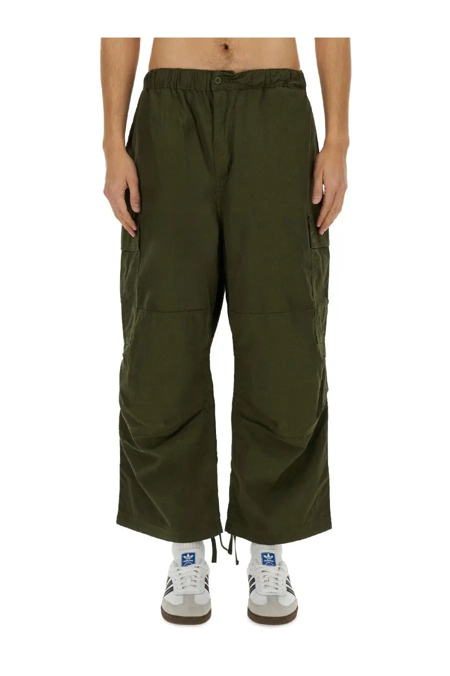 Carhartt Wip men’s olive green cargo pants with elastic waistband and side pockets in durable cotton blend