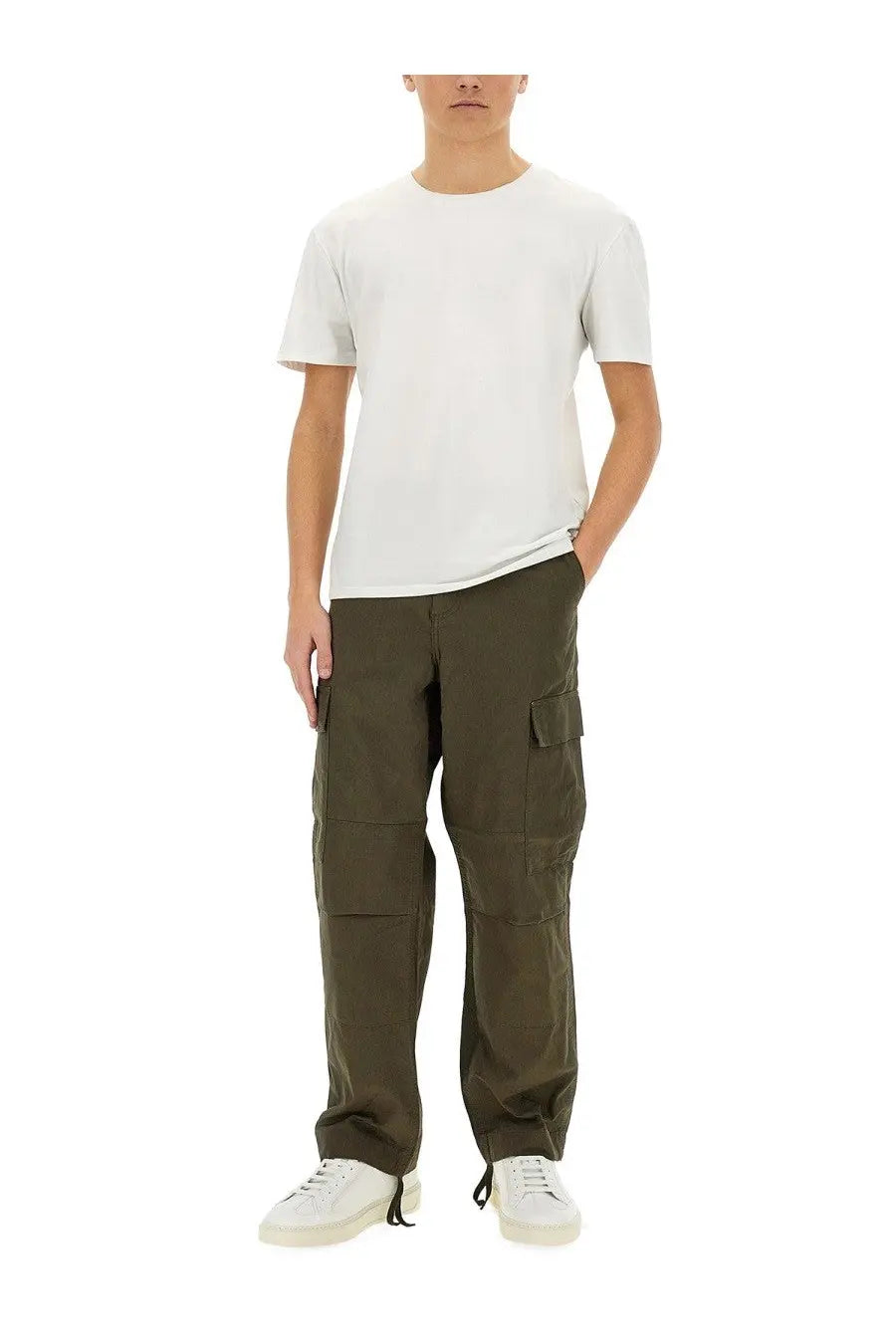 Carhartt Wip men’s olive green cargo pants with multiple pockets relaxed fit durable fabric for casual wear