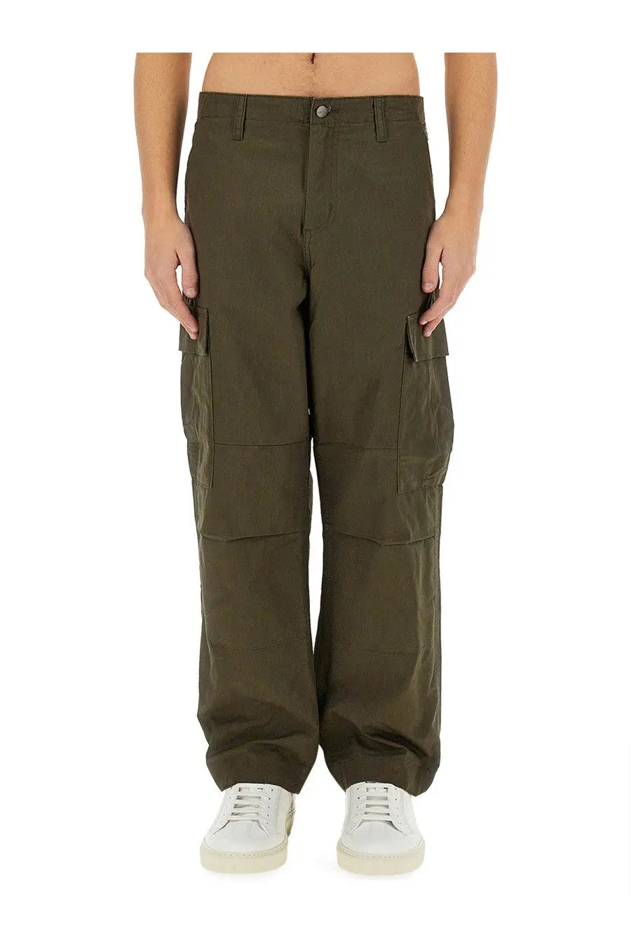 Carhartt wip men’s olive green cargo pants with multiple pockets and relaxed fit made from durable fabric