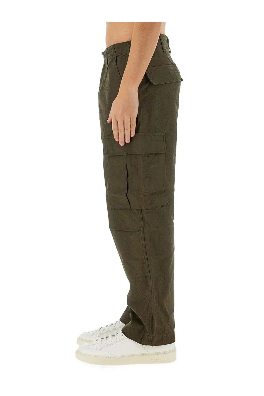 Carhartt wip men’s olive green cargo pants with multiple flap pockets and relaxed fit in durable fabric
