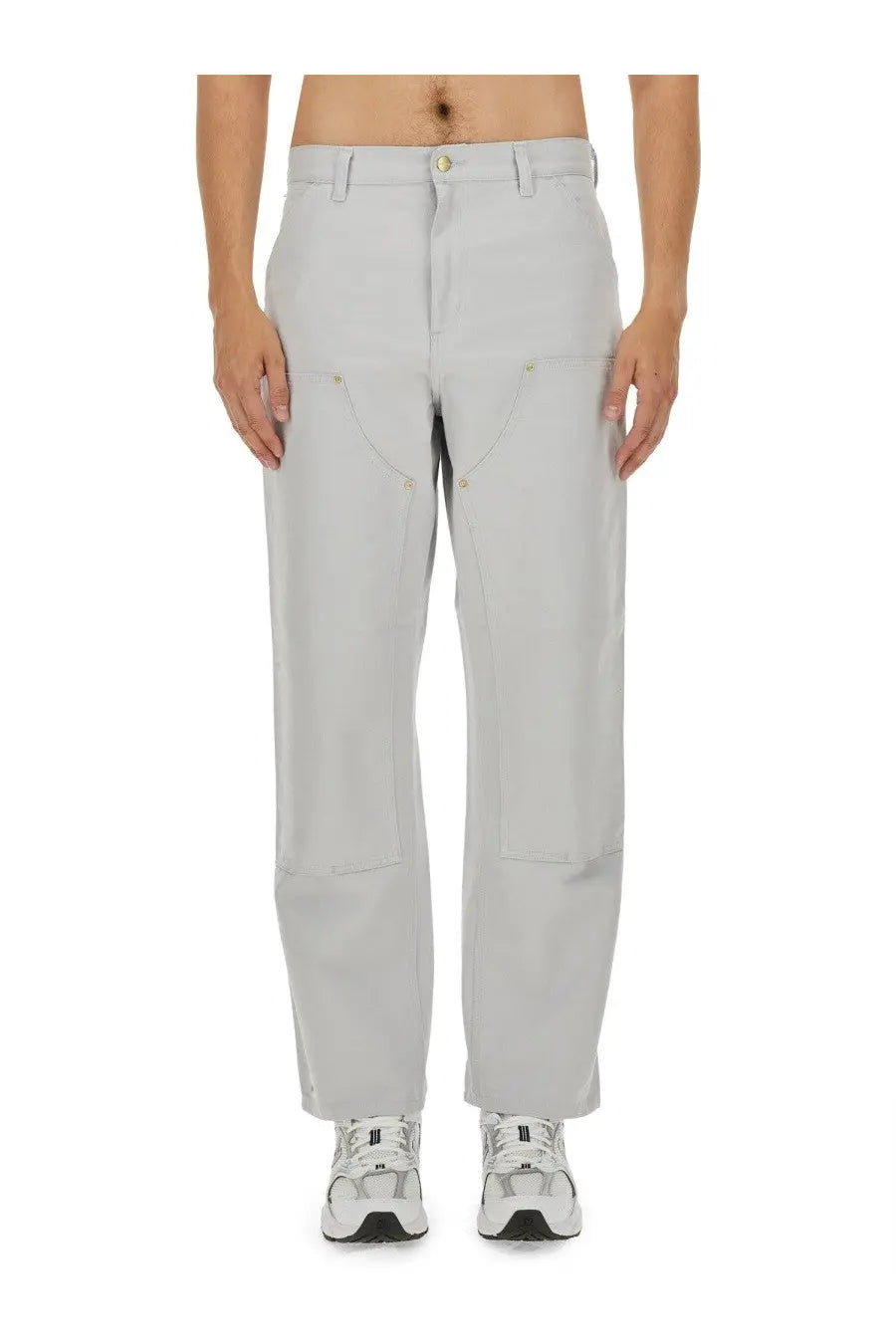 Carhartt Wip men’s cargo pants white in light gray with reinforced stitching and utility pockets for workwear
