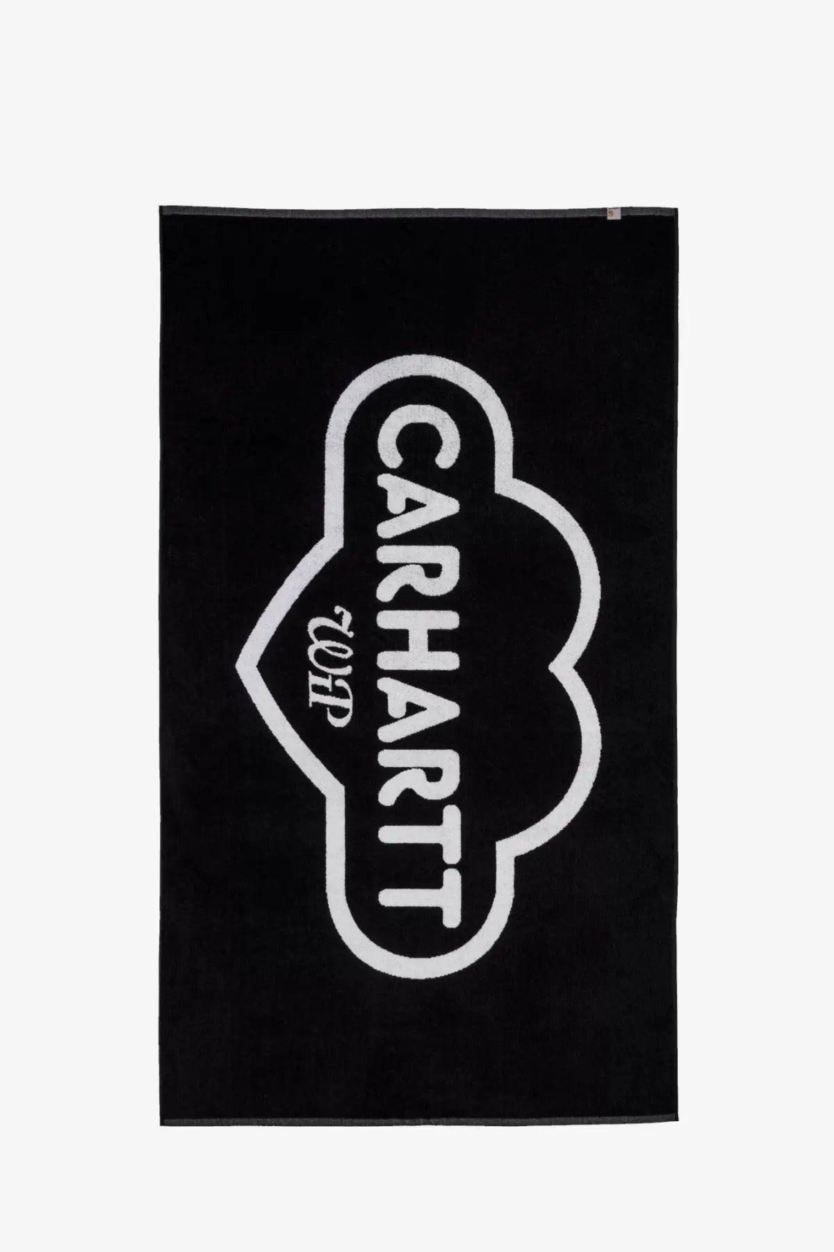 Black Carhartt Wip men’s cotton beach towel featuring a bold white cloud-shaped logo in the center