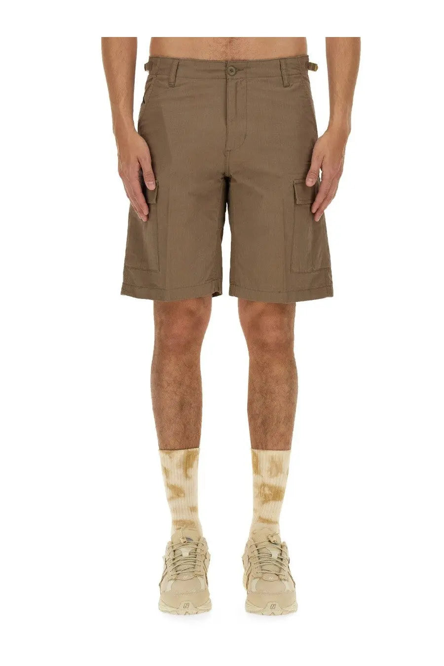 Carhartt wip men’s beige cotton bermuda shorts featuring tan cargo style with multiple pockets and button closure