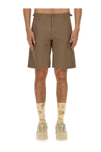 Carhartt wip men’s beige cotton bermuda shorts featuring tan cargo style with multiple pockets and button closure